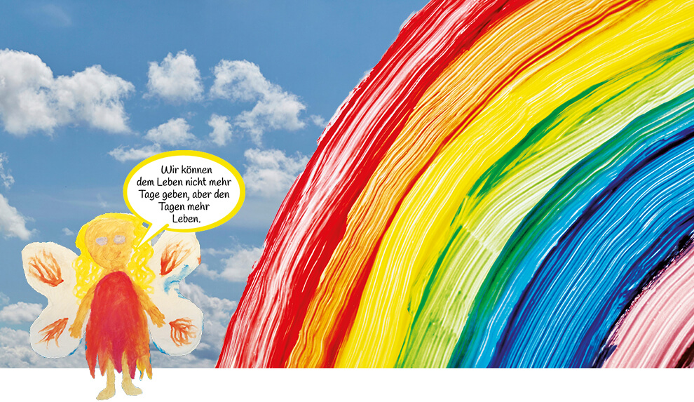 Gemalte Fee vor einem Regenbogen aus Fingerfarben. "Wir könnem dem Leben nicht mehr Tage geben, abder den Tagen mehr Leben. "